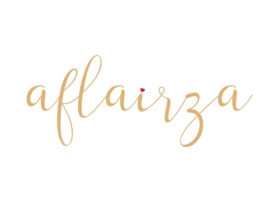 Logo design of the brand name "aflairza" written in elegant golden cursive font with a small red heart above the letter “i,” placed on a white background.